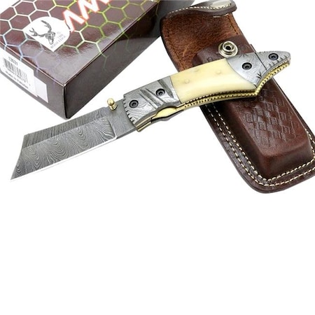 Shelter Shelter 13031 7.5 in. TheBoneEdge Damascus Blade Folding Knife Horn Handle Handmade with Sheath 13031